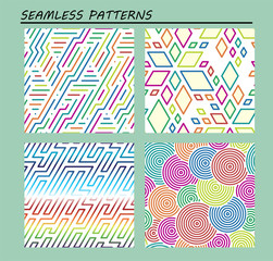 Set of seamless art abstract geometric patterns. Maze, Zigzag, rhombus flower, strips, circles.Colorful vector illustration.