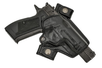 Molded leather holster with handgun. Isolated