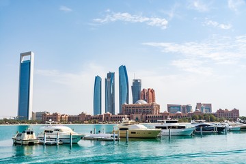 Cityscape of Abu Dhabi with the most expensive hotel in the world - the Emirates Palace Hotel, view from marina, Abu Dhabi emirate, United Arab Emirates