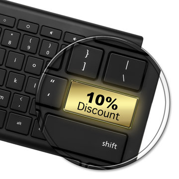 Computer Keyboard with the words 10% Discount, on a bright shiny Golden Button. Special Offer Button. 3D