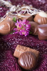 Obraz na płótnie Canvas assortment of chocolates with collar and flowers
