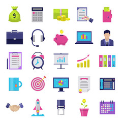 Business flat icons set. Modern icons for internet marketing, business and finance, sales and e-commerce. Interface elements on white background. Vector illustration