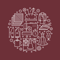 Clothing repair, alterations studio equipment banner illustration. Vector line icon of tailor store services - dressmaking, clothes steaming, suit dress, garment sewing. Atelier circle template.