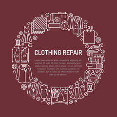 Clothing repair, alterations studio equipment banner illustration. Vector line icon of tailor store services - dressmaking, suit, garment sewing. Clothes atelier circle template with place for text.