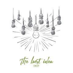 The best idea concept. Hand drawn lamps, one of them is shining. Luminous lamp the symbol of idea or solution isolated vector illustration.