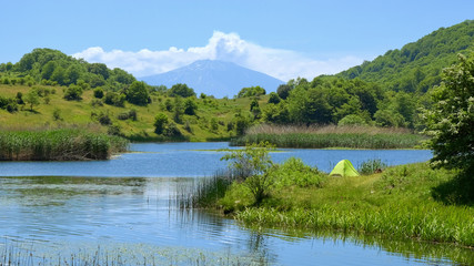 Fototapeta na wymiar Wild Camp On Lake In Nebrodi Park, Sicily