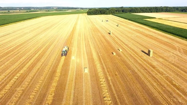 Tractor picking straw lines making haystack aerial view 4K