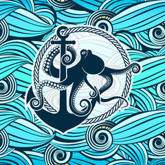 Octopus against the Background of Stylized Sea Waves