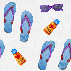 flip flops, sunglasses and sunscreen watercolor summer seamless pattern