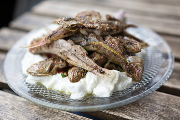 Freshly grilled sardines on a plate with yogurt