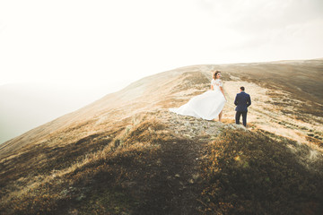 Fototapeta premium Young newly wed couple, bride and groom kissing, hugging on perfect view of mountains, blue sky
