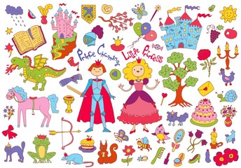 Obraz premium Colorful doodle set with prince and princess concept