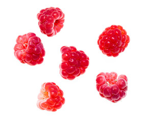 Juicy red raspberries on white background