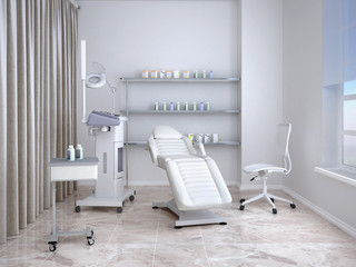 Room with equipment in the clinic of dermatology and cosmetology. 3d illustration