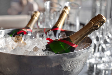 Three wine bottles chill in ice bucket