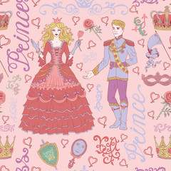 Seamless colorful background with prince and princess on pink