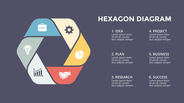 Vector circle arrows infographic, cycle diagram, hexagon graph, presentation chart. Business concept with 6 options, parts, steps, processes. 16x9 dark slide template.