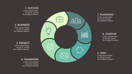 Vector circle arrows infographic, cycle diagram, graph, presentation chart. Business concept with 7 options, parts, steps, processes. 16x9 dark slide template.