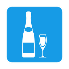Icono plano botella y copa champan en cuadrado azul