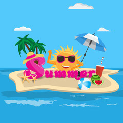 Obraz na płótnie Canvas Summer vector banner design concept with summer cartoon calligraphy and beach island with summer elements.