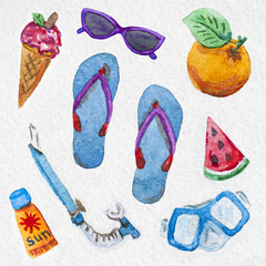 flip flops, sunglasses, ice cream, sunscreen, orange, watermelon, snorkeling mask, snorkel, summer...