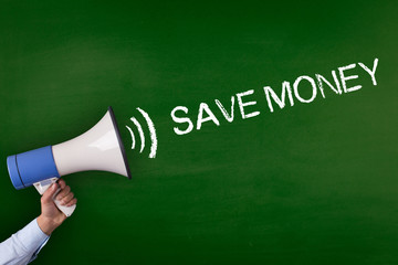 Hand Holding Megaphone with SAVE MONEY Announcement