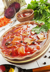 Vegetarian beetroots soup with  mushrooms