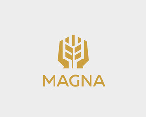 Ear vector logotype. Grain wheat with hands logo design.