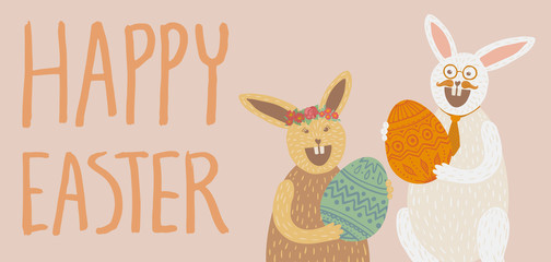 Happy Easter card with bunny and eggs
