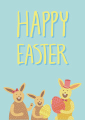 Obraz na płótnie Canvas Happy Easter card with bunny family and eggs