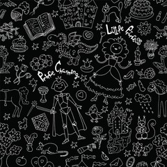Seamless background with silhouettes of prince and princess on black