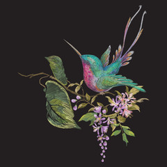 Plakaty  Haft wzór mody z koliber na gałęzi egzotycznych kwiatów.