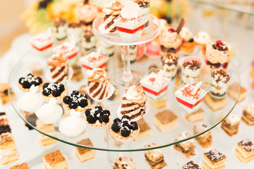 Different kinds of baked sweets on a buffet