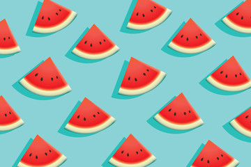 Watermelon slice on blue background. Summer time design banner.