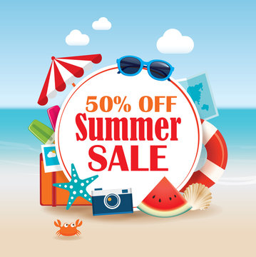 Summer sale background banner design template with colorful beach and object vacation elements.