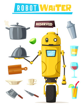 Funny robot waiter, cute character. Vector cartoon illustration
