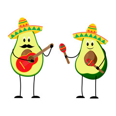 Funny avocado illustration with mexican traditional attributes.