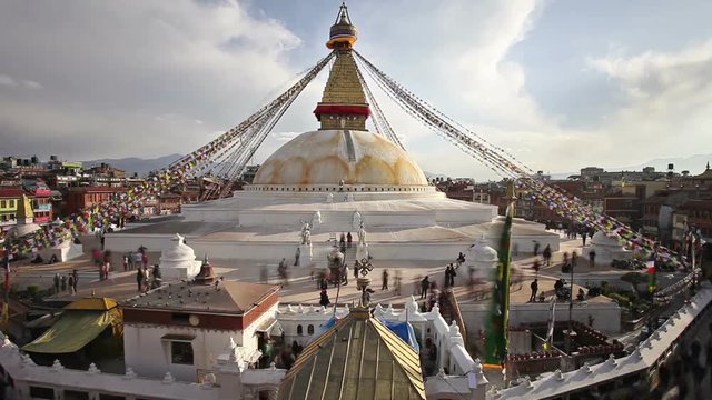Pilgrims walking around Boudhanath Stupa timelapse in Kathmandu, Nepal