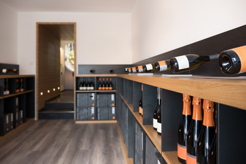 Wine and Champagne Bottles on Shelves, Wine Shop Interior, Copy Space