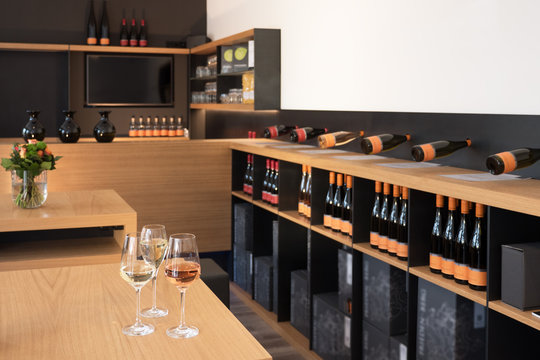Wine Glasses in Modern Wine Bar, Wine Shop, Wine Bar, Bottles, Shelves, Retail