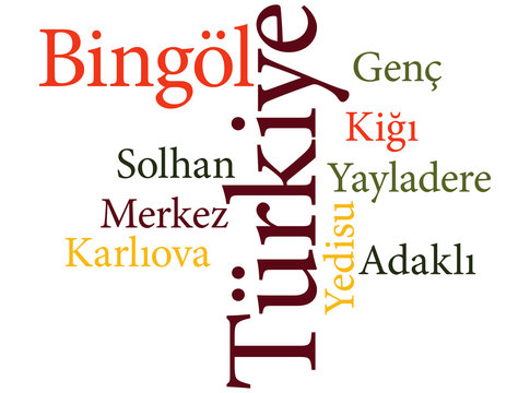 Turkish city Bingol subdivisions in word clouds