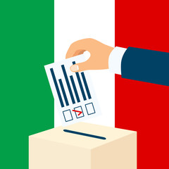 Election in Italy. Male hand putting voting paper in a ballot box with italian flag on a background