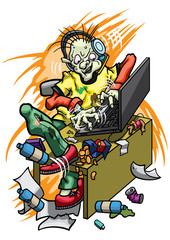 Crazy IT worker. Illustration a system administrator, sitting at a table, typing on a laptop and speaking on a mobile phone. Rubbish is around him.