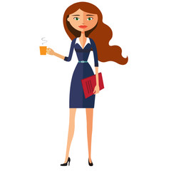 Illustration of a beautiful business woman holding a cup vector flat cartoon illustration