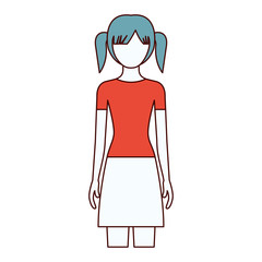 color sections silhouette faceless front view girl with skirt and tall pigtails hairstyle vector illustration