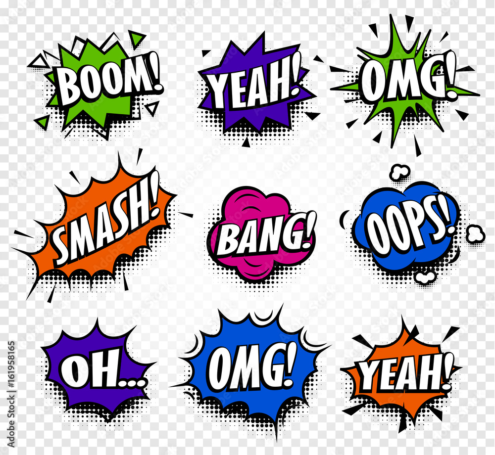 Aufkleber Isolated abstract colorful comics speech balloons icons collection on checkered background, dialog boxes with popular expressions set,pop art dialog frames vector illustration.