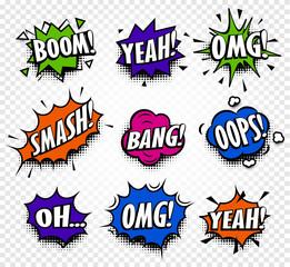 Isolated abstract colorful comics speech balloons icons collection on checkered background, dialog boxes with popular expressions set,pop art dialog frames vector illustration.