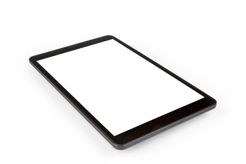 Black tablet computer with blank white screen mockup lies on the surface, isolated on white background with clipping path