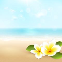 Fototapeta na wymiar Vector summer background with beach, sea, waves and tropical flowers. Travel template with plumeria, blurred effect for design banner and flyer with space for text. File contains clipping mask.