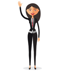Cheerful young asian businesswoman waving her hand vector flat cartoon illustration.